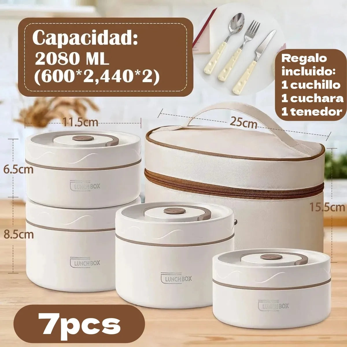 Lonchera Acero Inoxidable Redondo 7 Piezas 2080ml